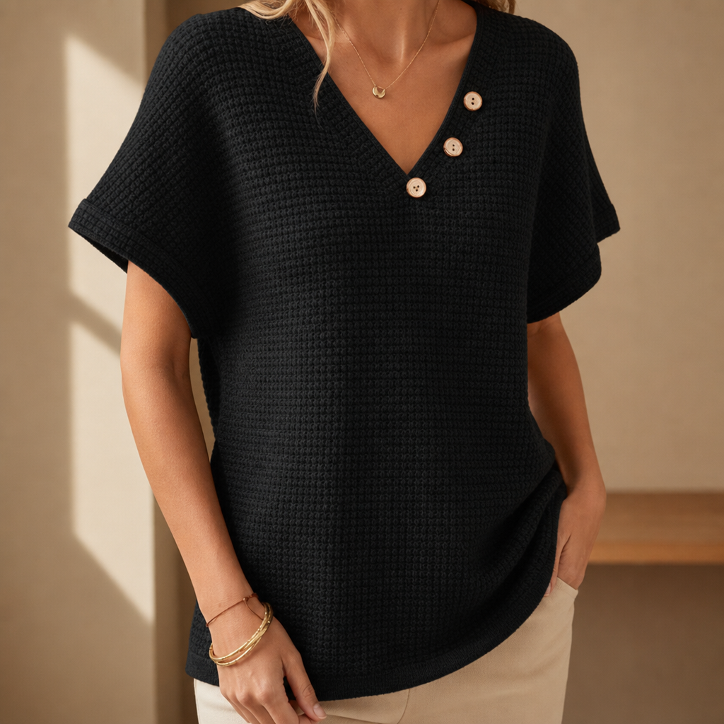 Biot Waffle Knit Button Top in Black