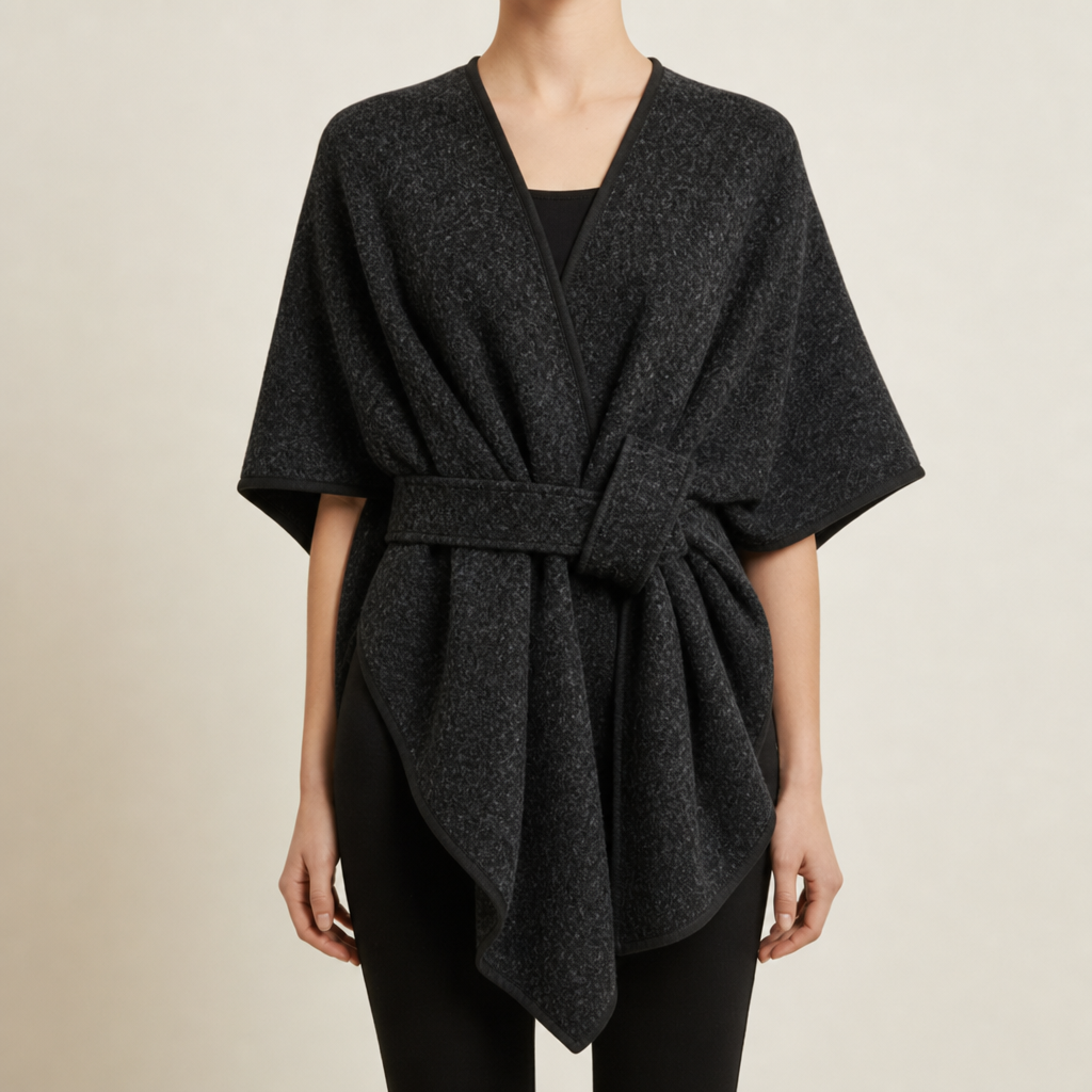 Maratea Belted Wrap Poncho in Black