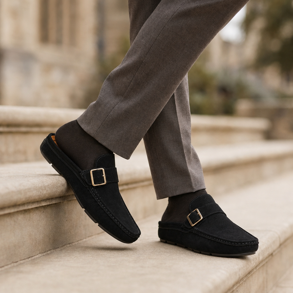 Begur Suede Buckle Mules in Black