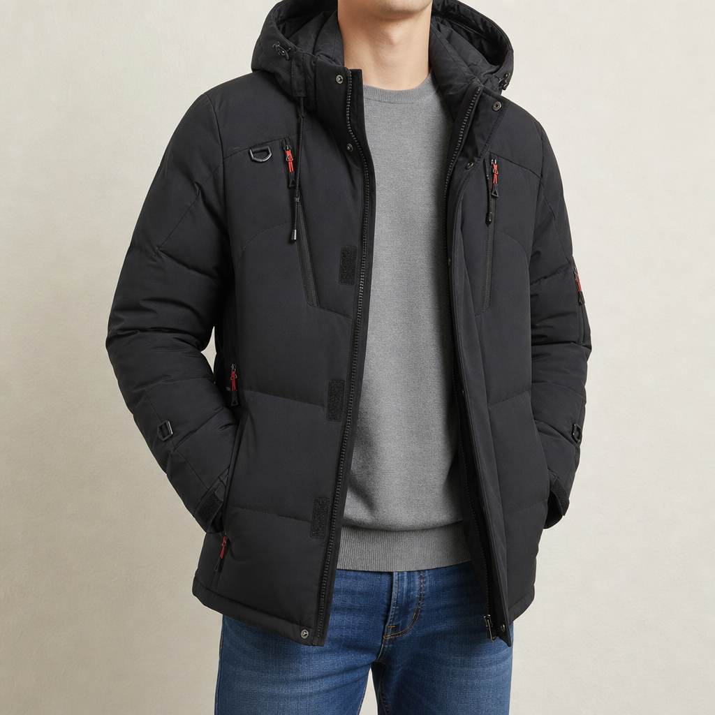 Ios Hooded Down Puffer Jacket in Black