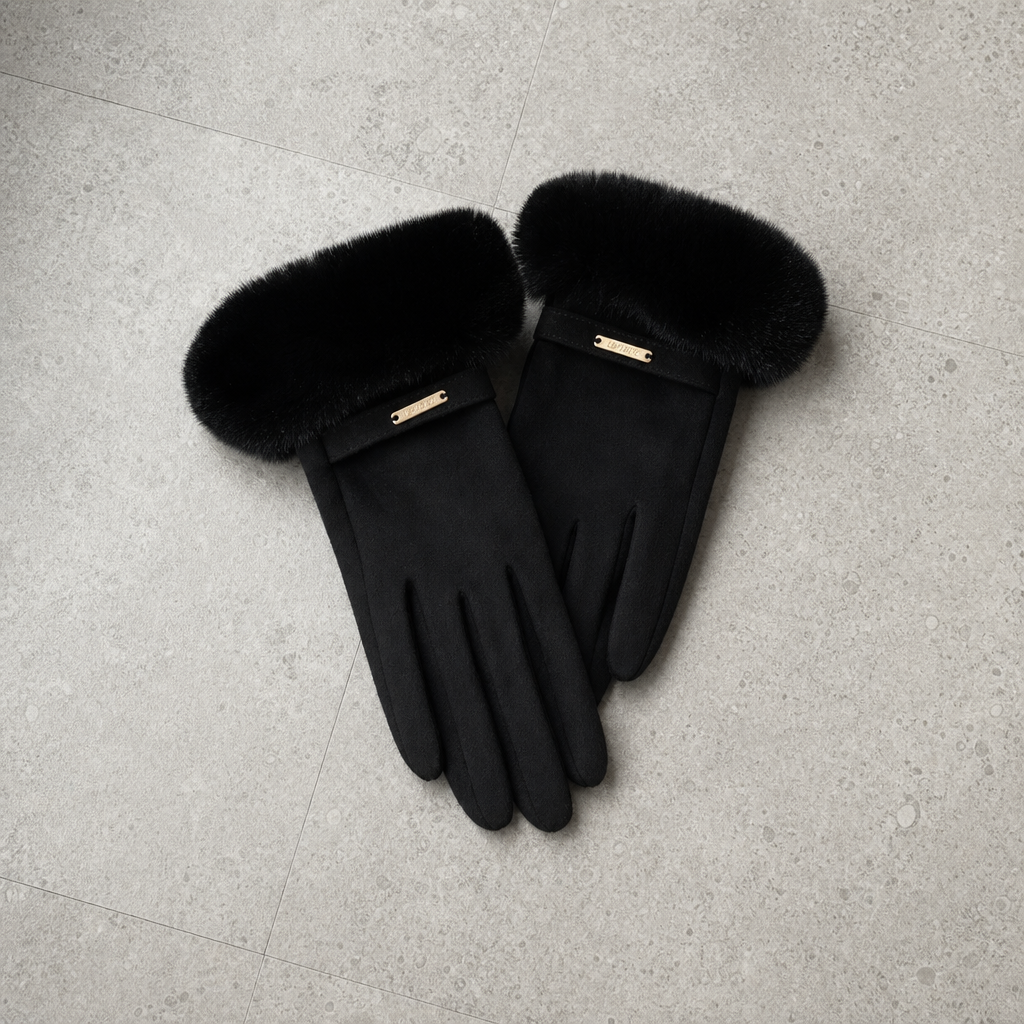 Girona Fur Trim Suede Gloves in Black