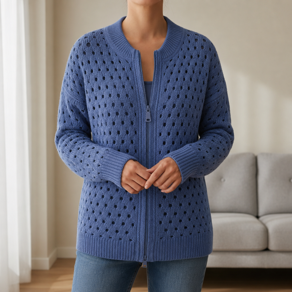 Modica Hollow Knit Zip Cardigan in Blue