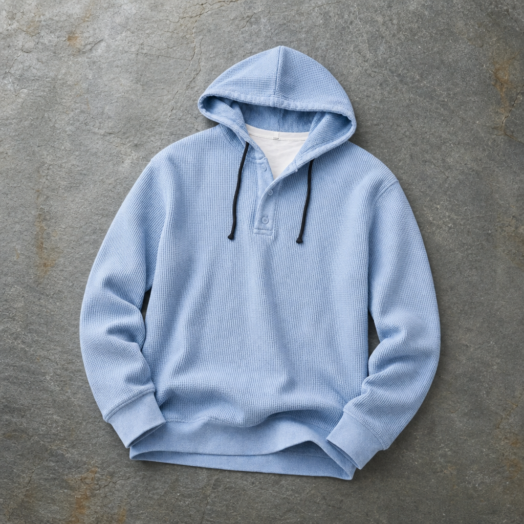 Sarentina Waffle Knit Henley Hoodie in Blue