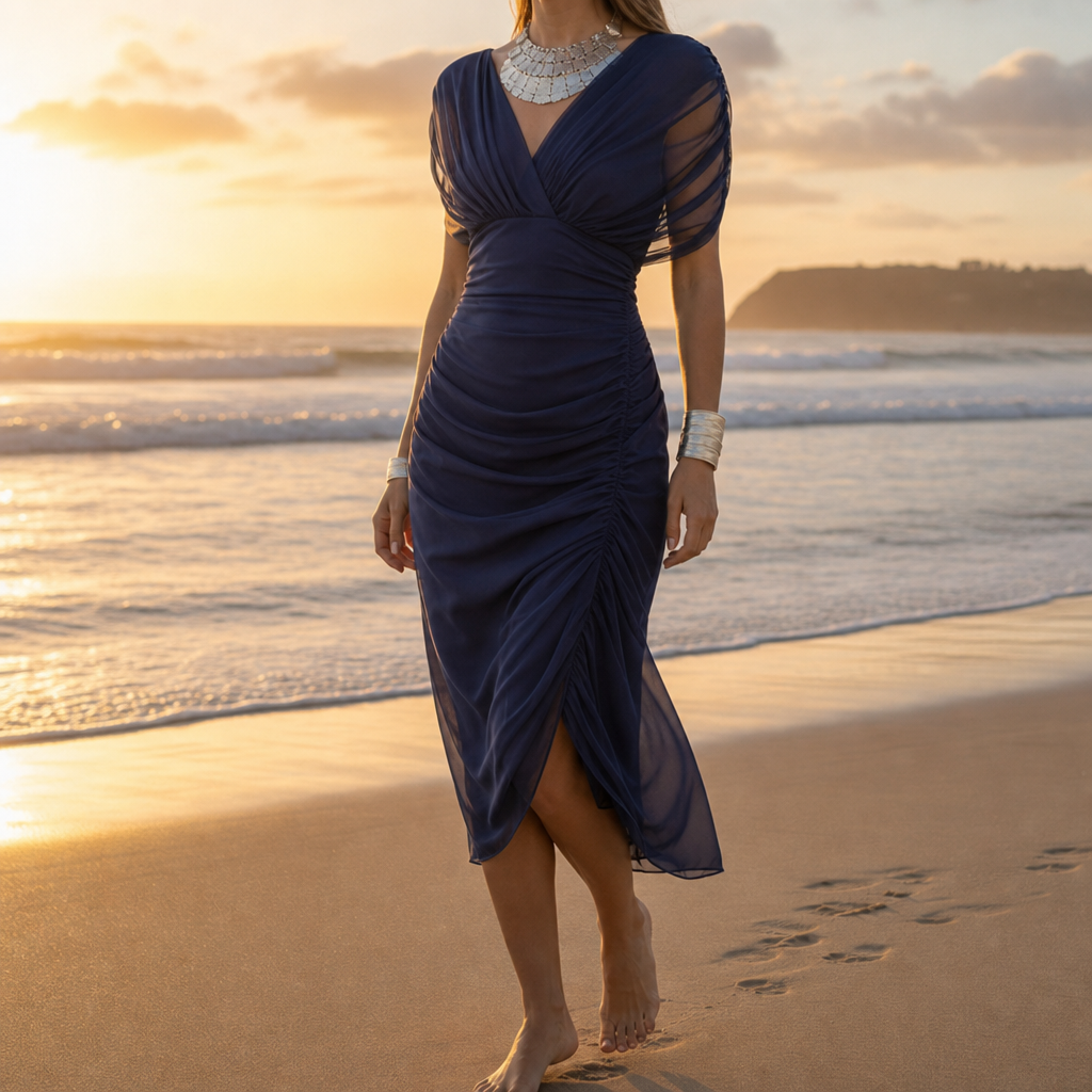 Caceres Ruched Chiffon Midi Dress in Blue
