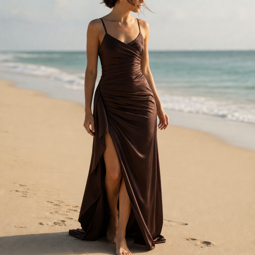 Modica Ruched Satin Maxi Dress in Brown