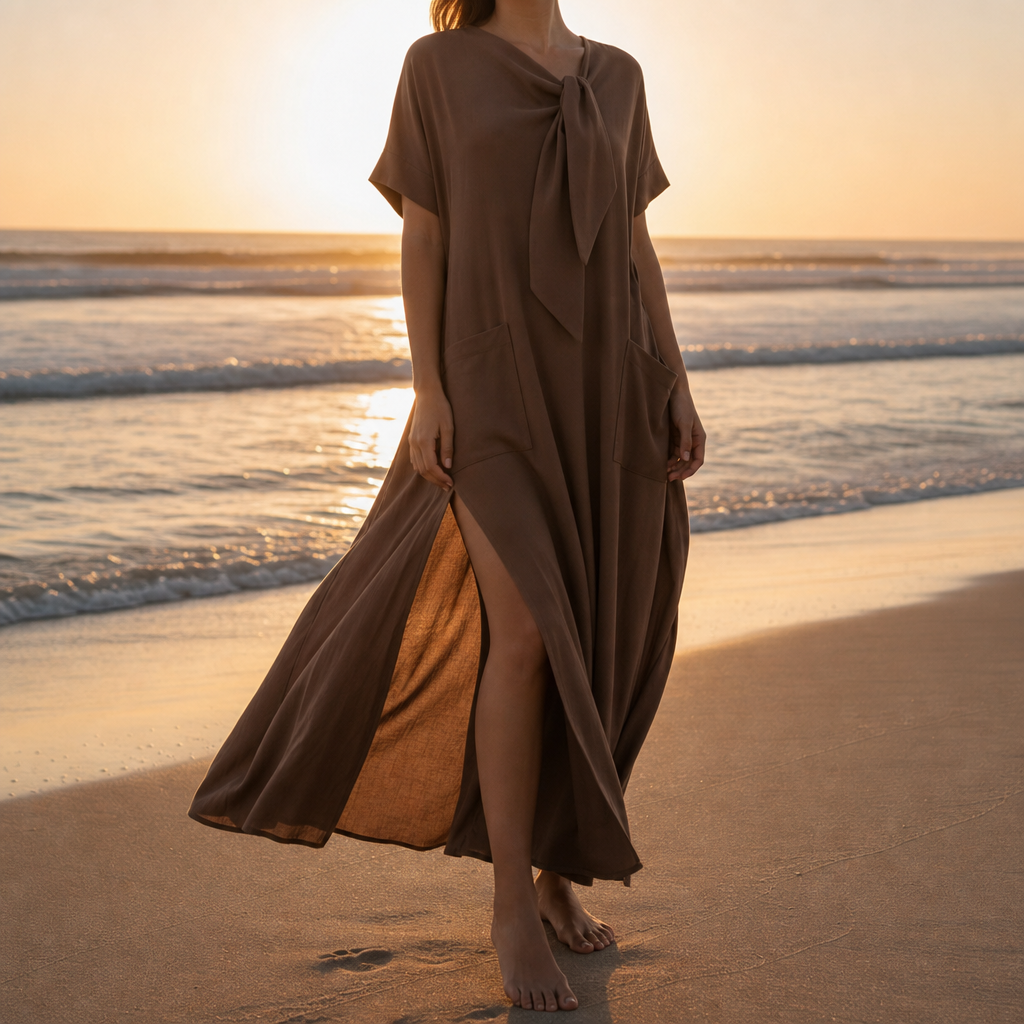 Toledo Bow Neck Maxi Dress in Brown