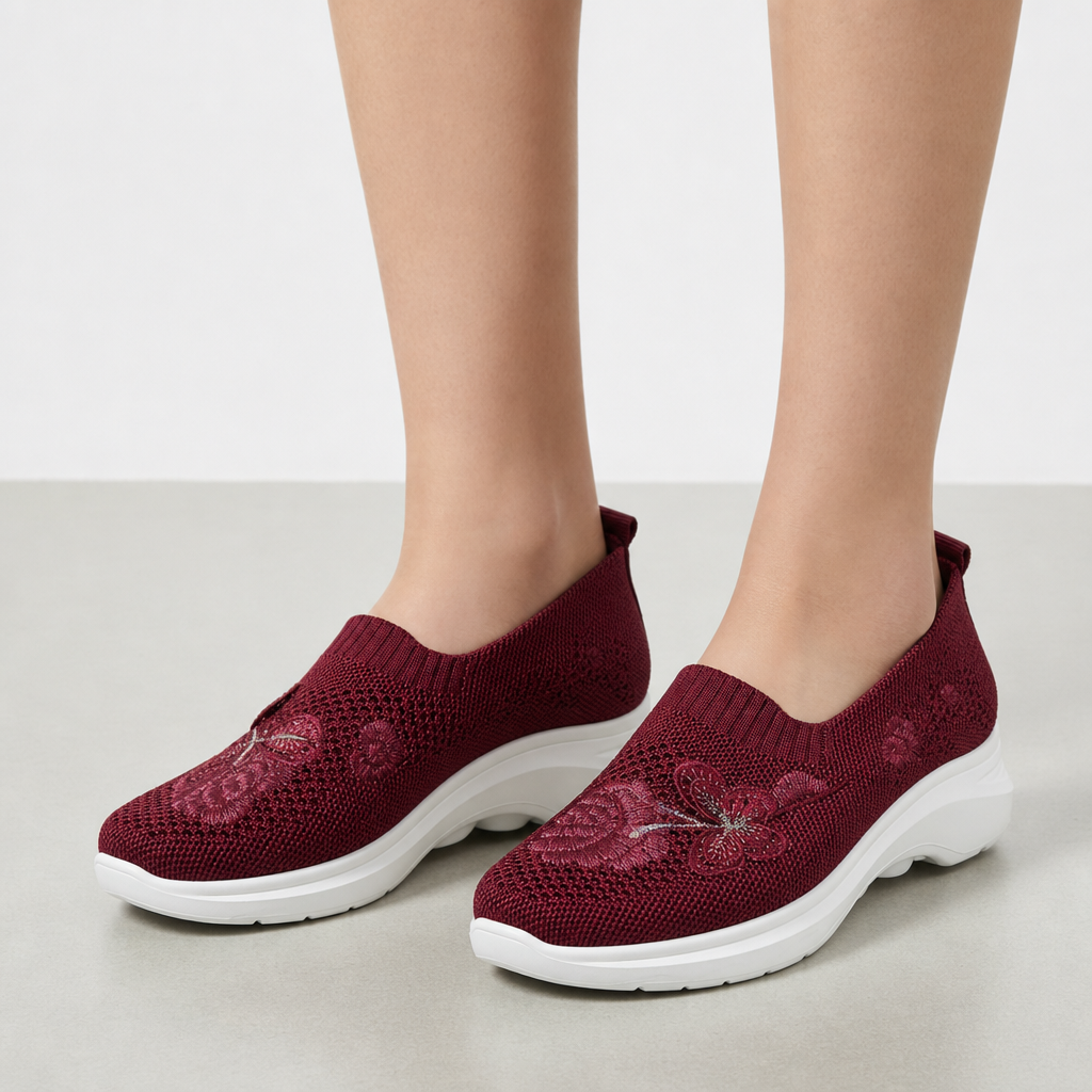 Valldemossa Embroidered Knit Slip-Ons in Burgundy