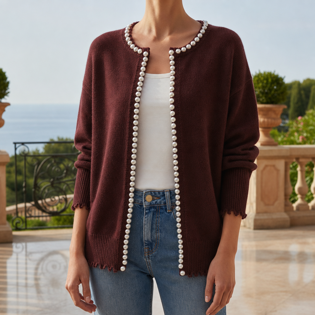 Zoe Pearl Trim Cardigan in Burgundy