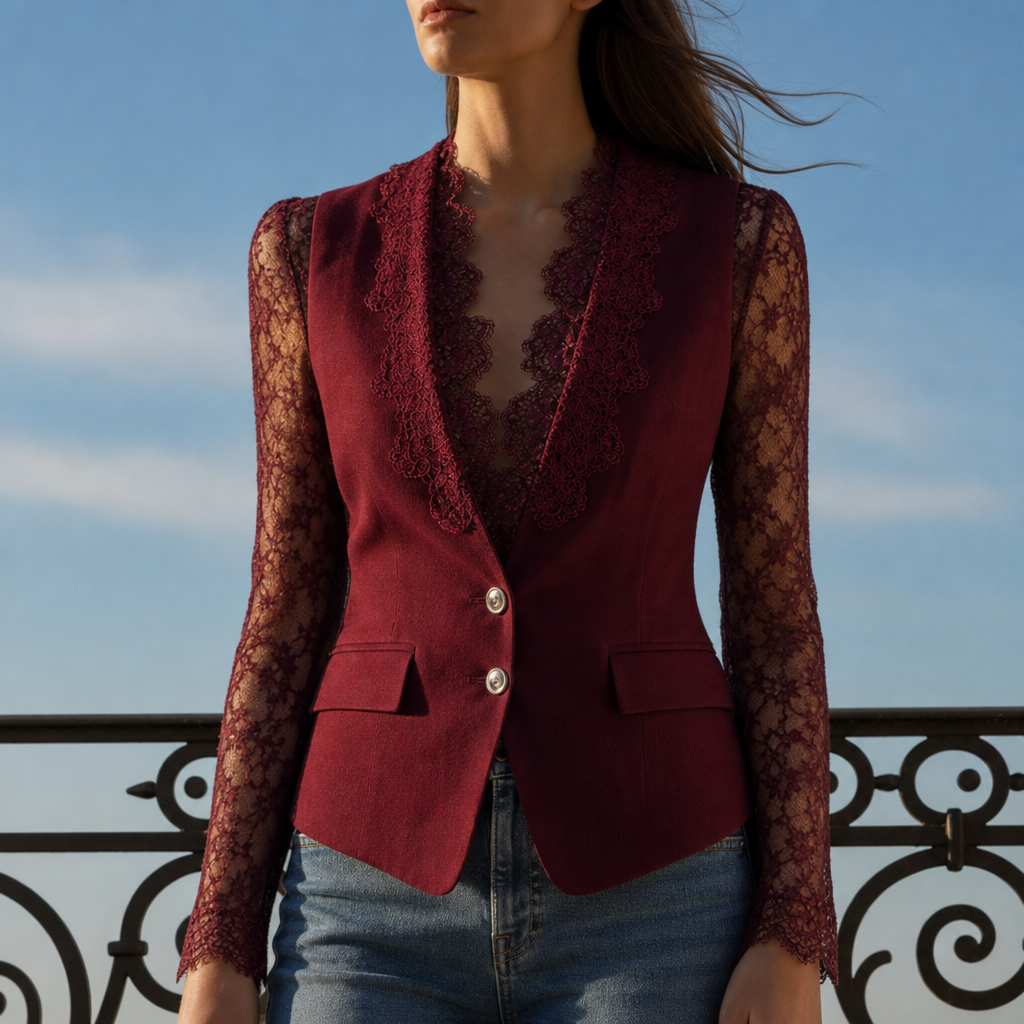 Ericeira Lace Panel Blazer Top in Burgundy