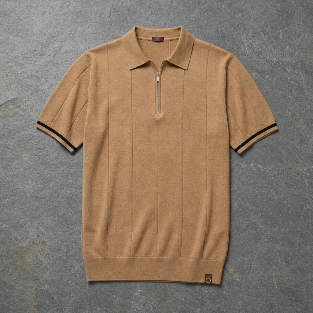 Arles Zip Knit Polo in Camel