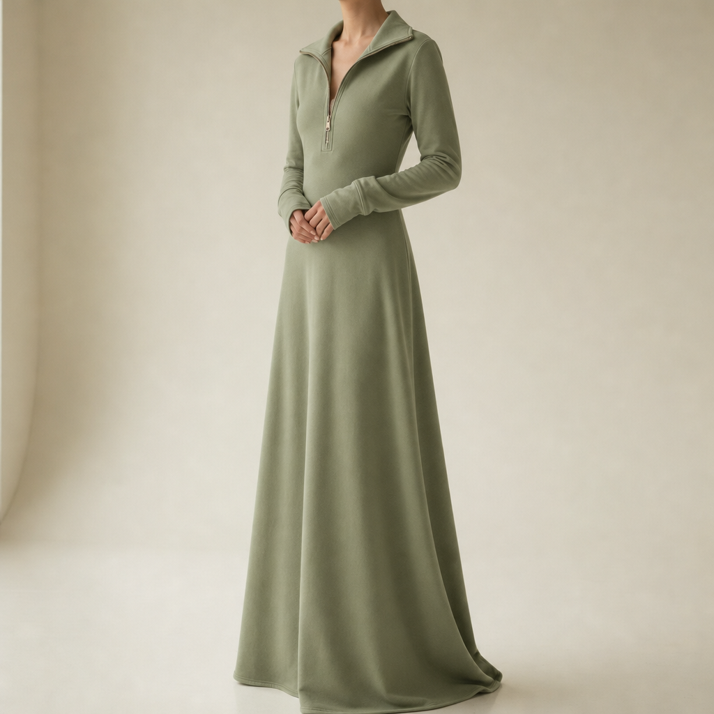 Rimini Zip-Up Maxi Dress in Gray-Green