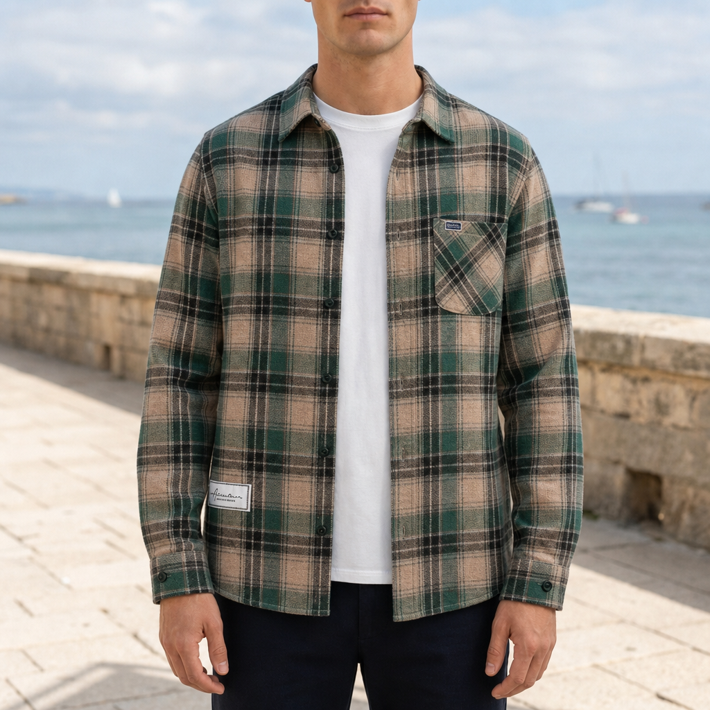 Porto Vecchio Plaid Flannel Shirt in Green & Beige