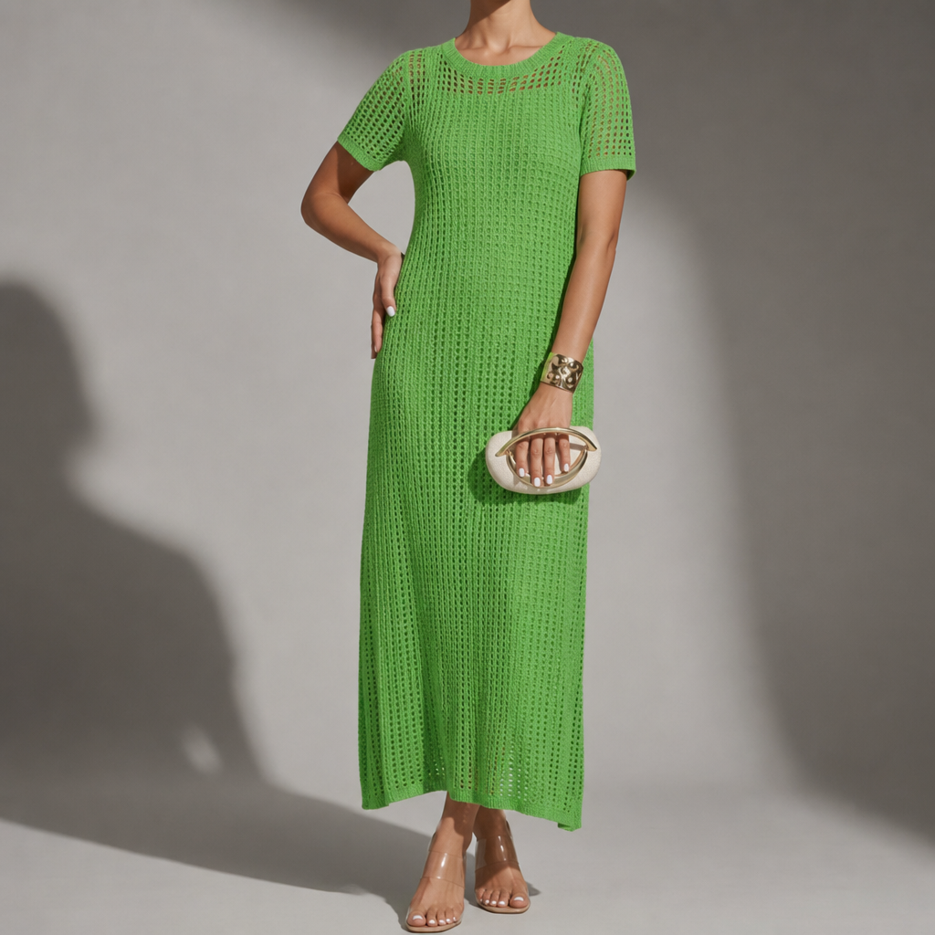 Mijas Crochet Hollow-Out Maxi Dress in Green