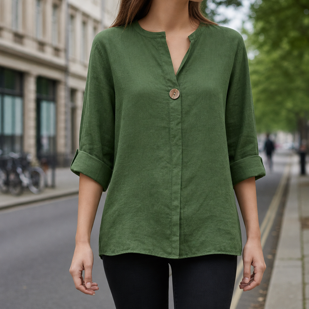 Amorgos Linen V-Neck Blouse in Green