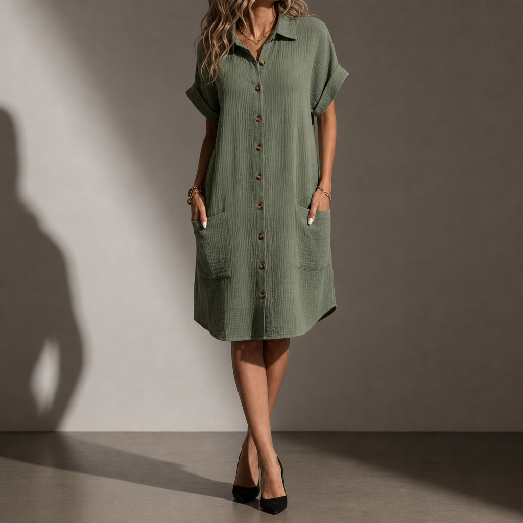 Modica Cotton Muslin Shirt Dress in Green