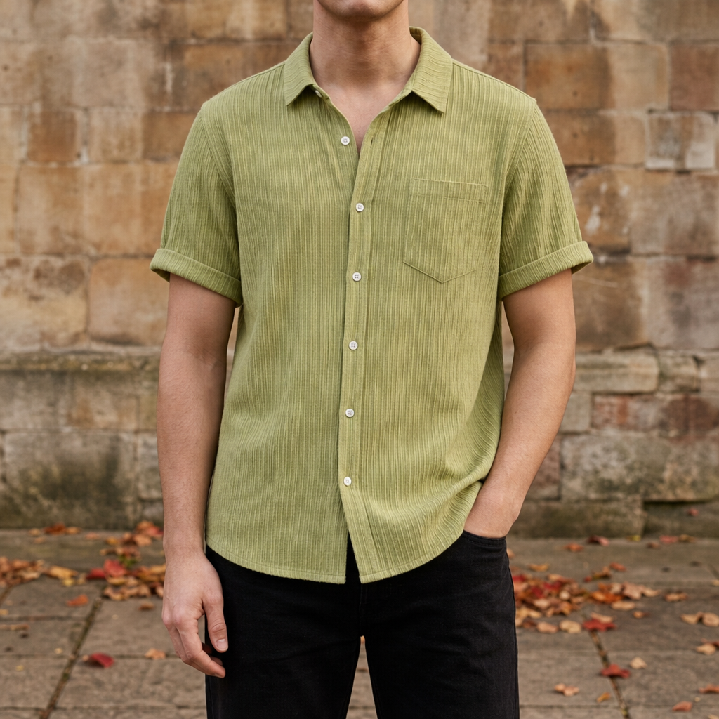 Folegandros Crinkle Cotton Shirt in Green