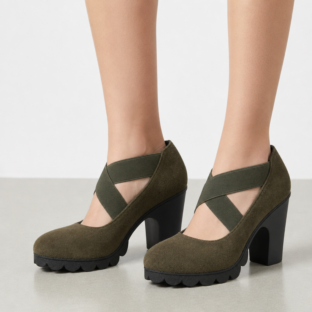 Kythnos Crisscross Strap Block Heels in Green Synthetic Suede