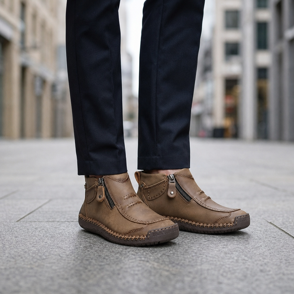 Antibes Whipstitch Leather Ankle Boots in Khaki