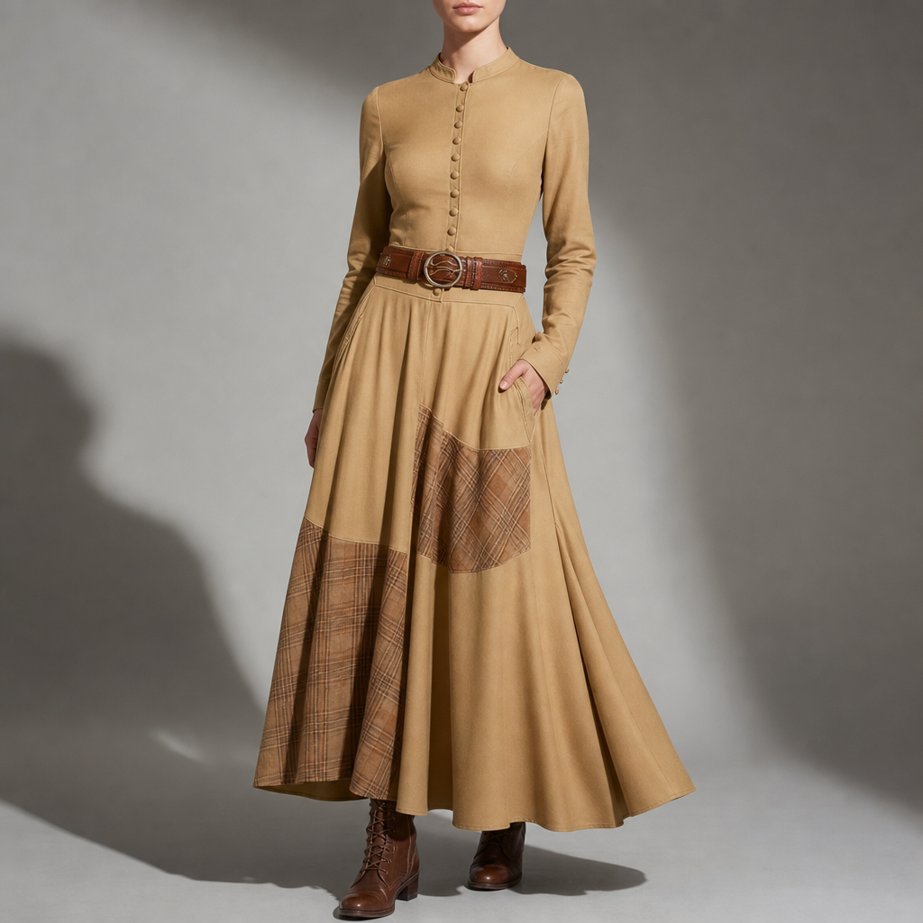 Symi Patchwork Plaid Maxi Dress in Khaki