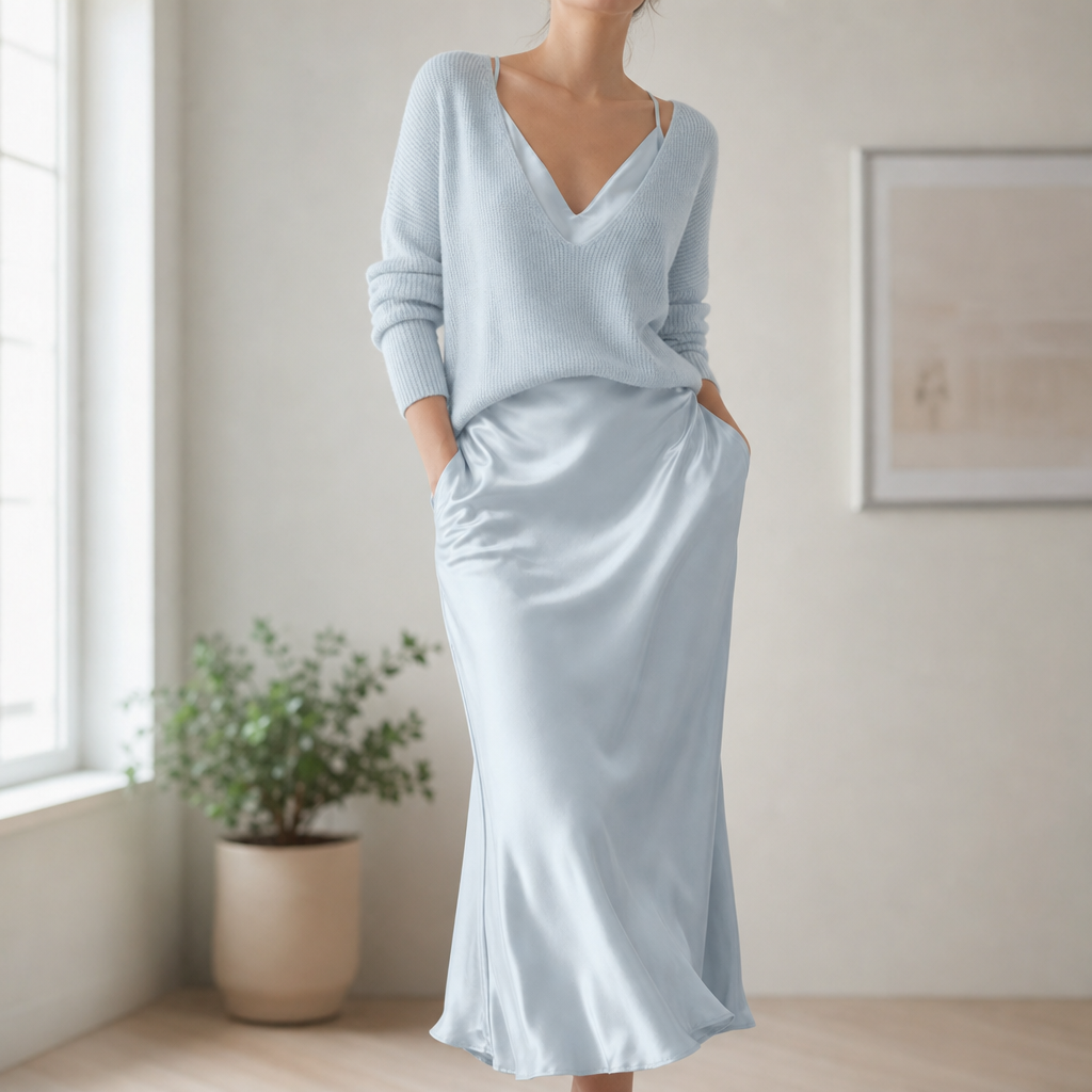 Vence Knit Sweater Satin Set in Light Blue