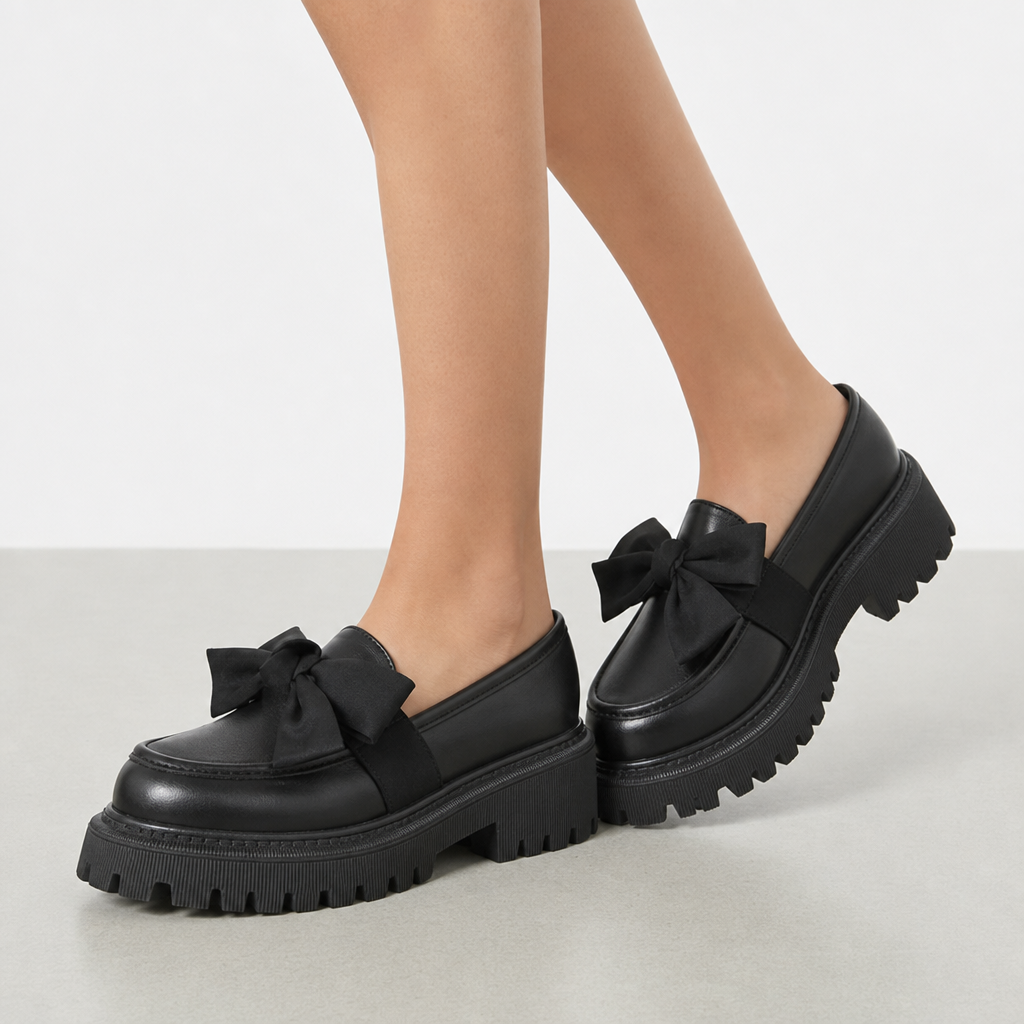 Chios Patent Bow Platform Loafers in Matte Black