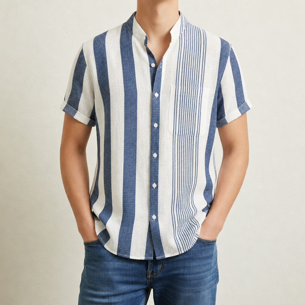 Gabriel Linen Striped Shirt in Navy Blue
