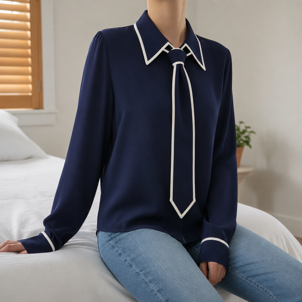 Trujillo Contrast Tie Blouse in Navy Blue