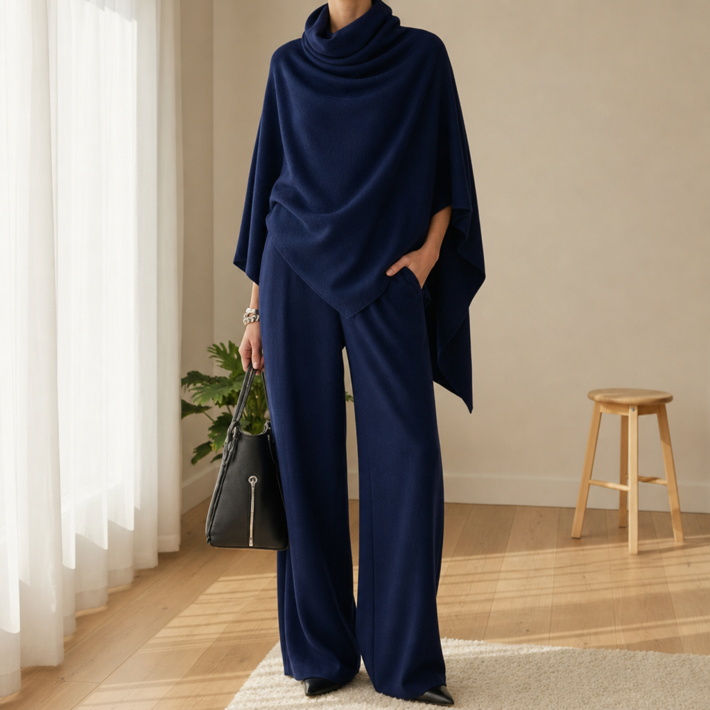 Verona Cape Poncho Trouser Set in Navy