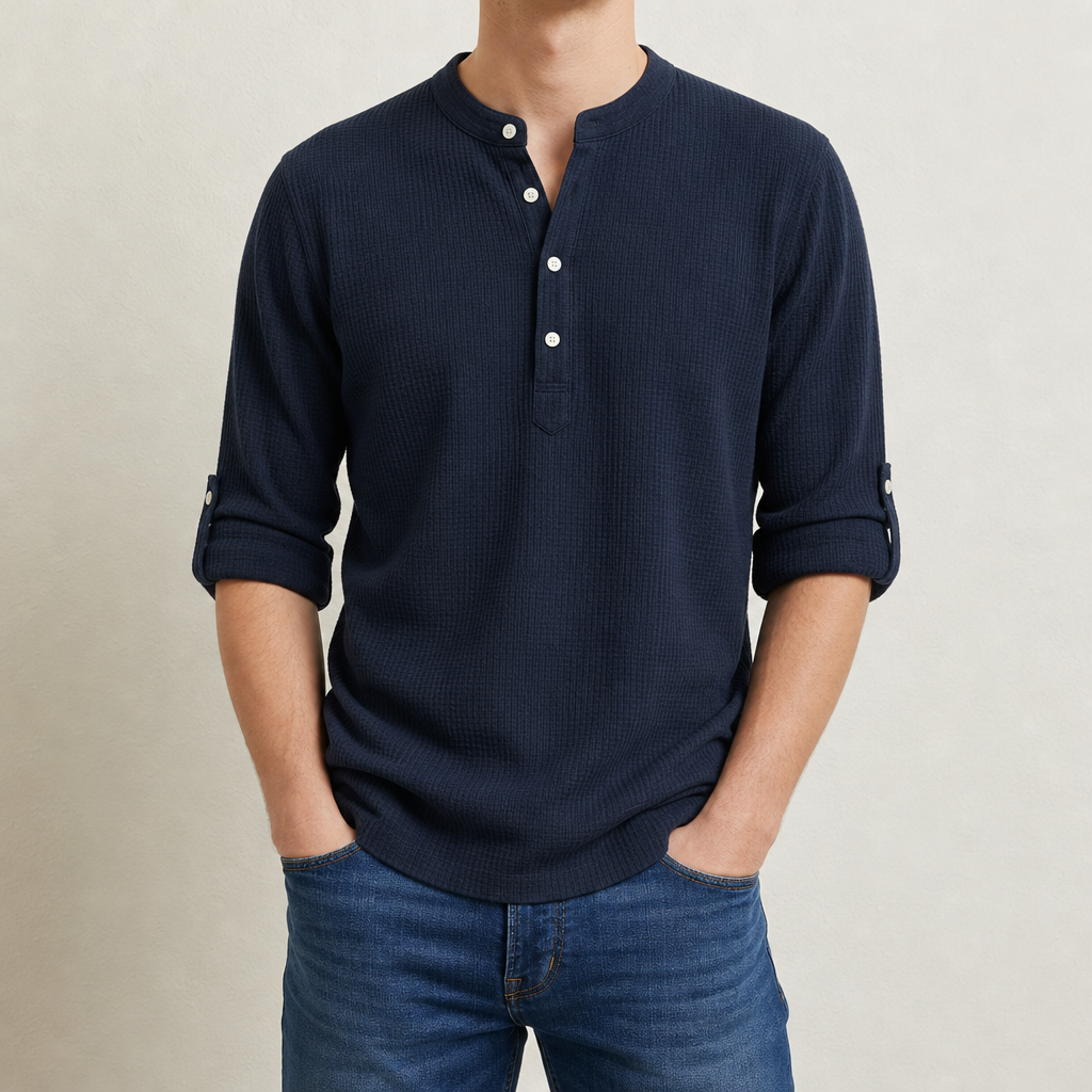 Ierapetra Waffle Henley Shirt in Navy