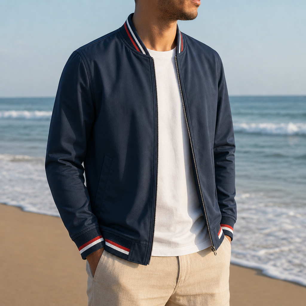 Split Striped Trim Zip Jacket in Navy