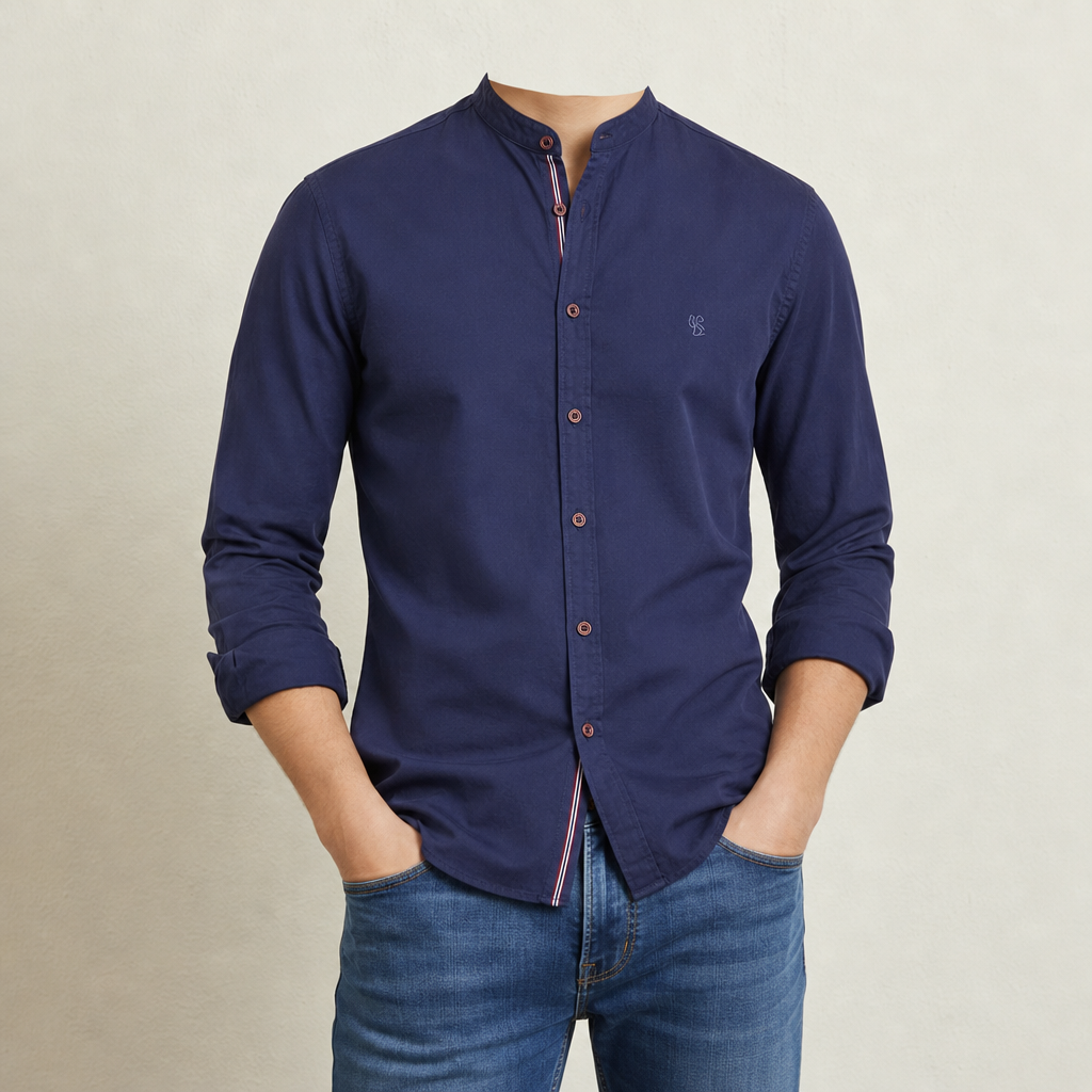 Naxos Band Collar Cotton Shirt in Navy