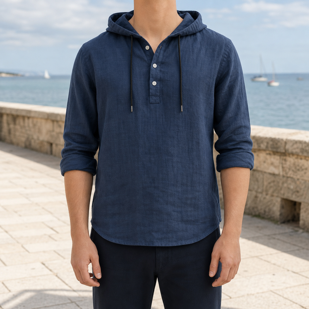 Tavira Linen Hooded Henley in Navy