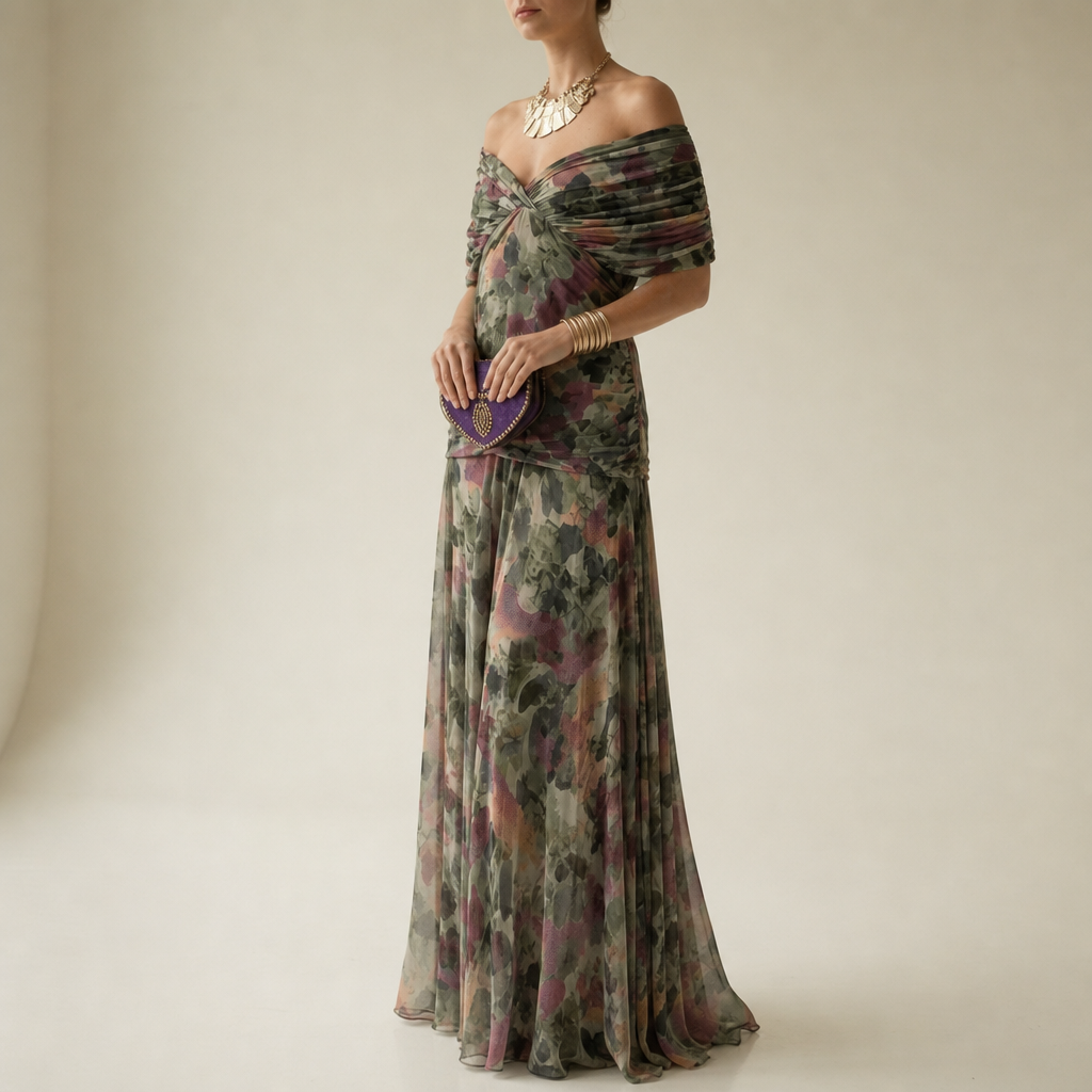 Zakynthos Ruched Chiffon Maxi Dress in Olive Green
