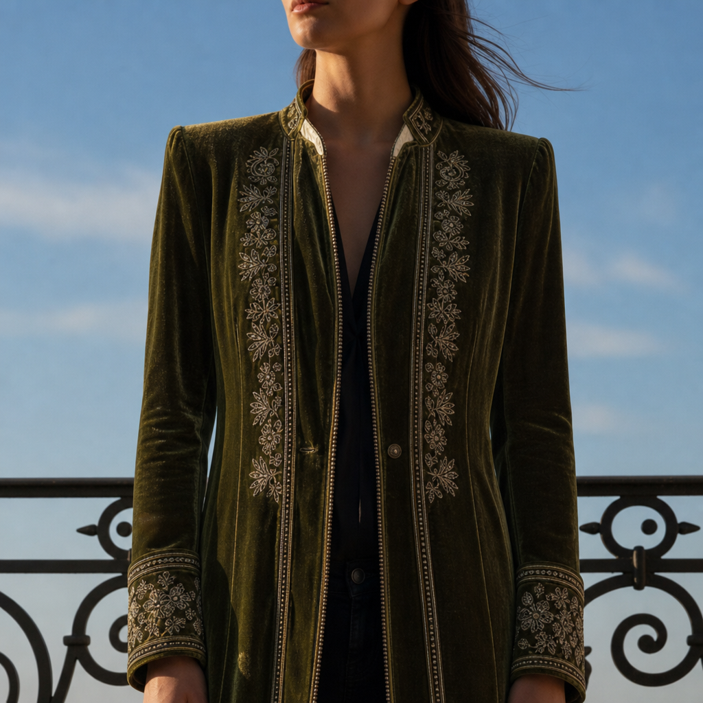 Coimbra Embroidered Velvet Long Jacket in Olive