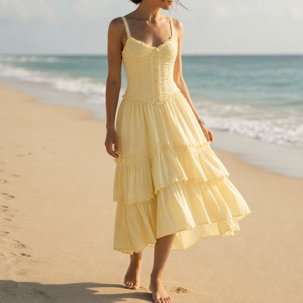 Hyeres Corset Tiered Midi Dress in Pale Banana