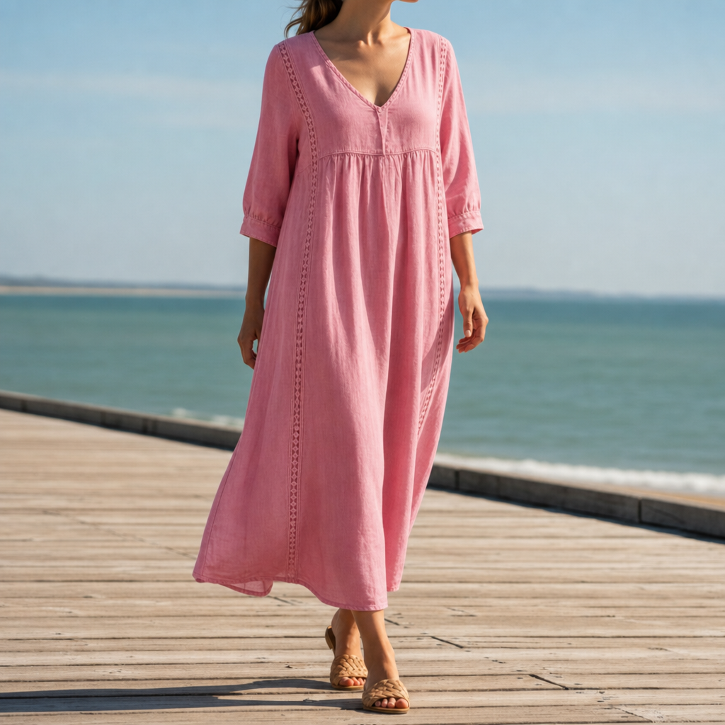 Alonnisos Lace Trim Midi Dress in Pink