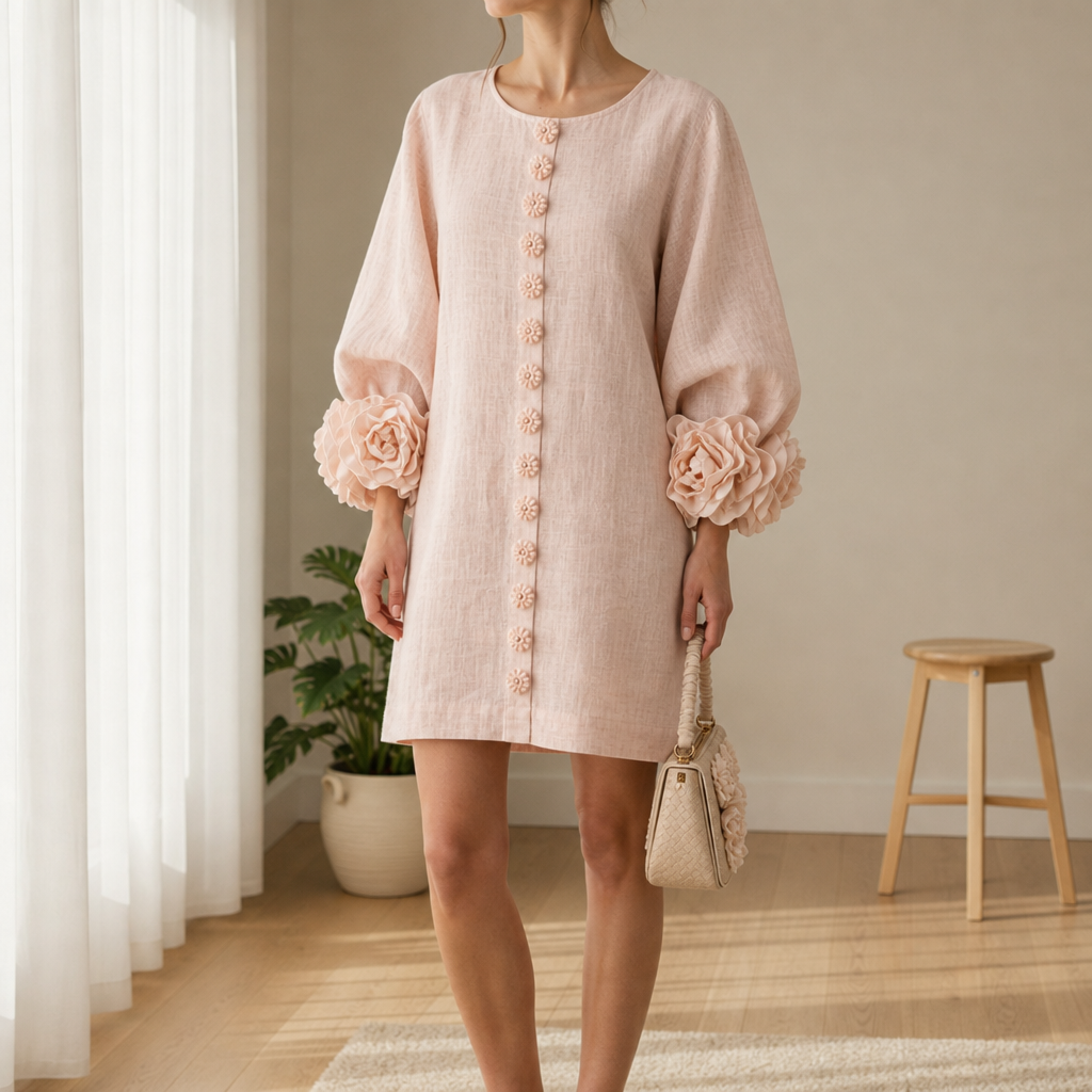 Marvao Rosette Cuff Linen Dress in Pink