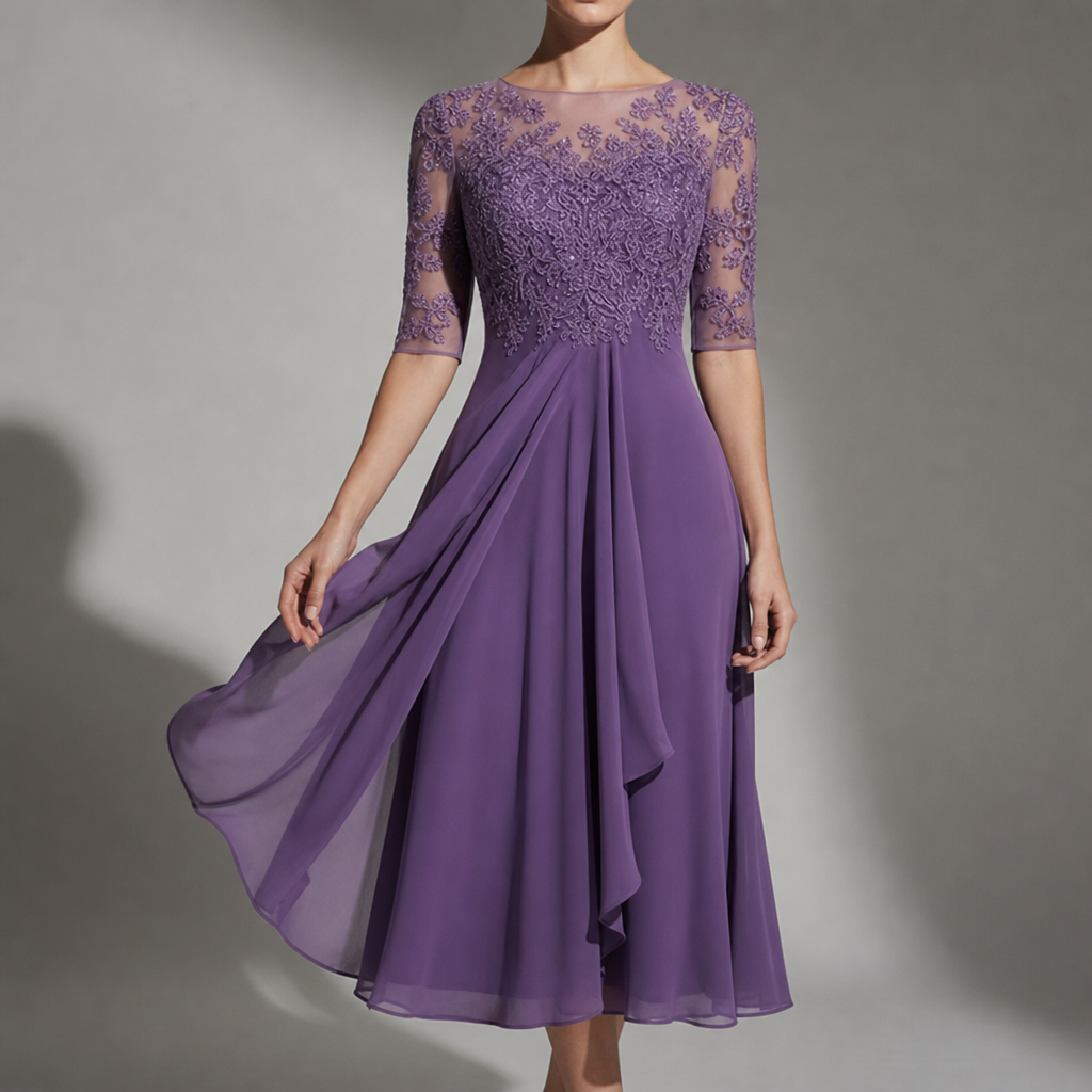 Sagres Lace Chiffon Midi Dress in Purple