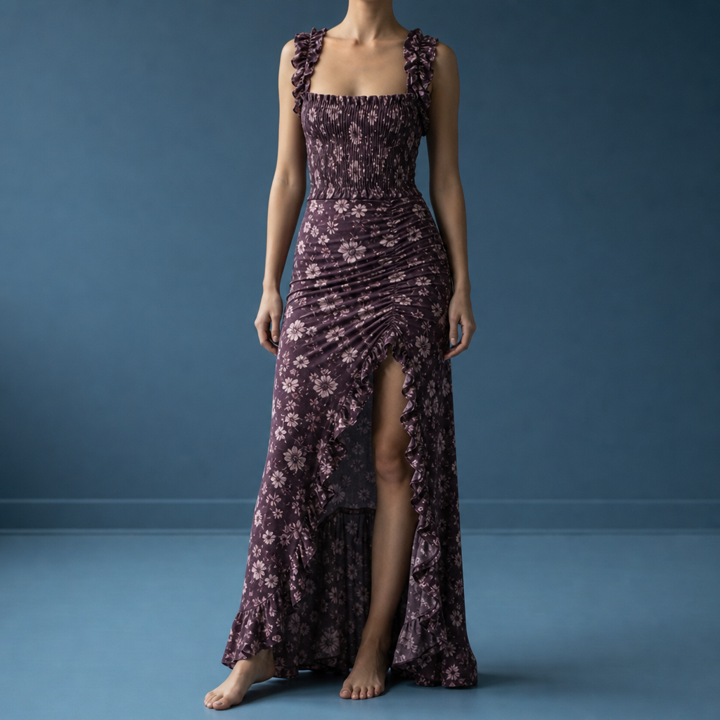 Baeza Smocked Floral Maxi Dress in Purple