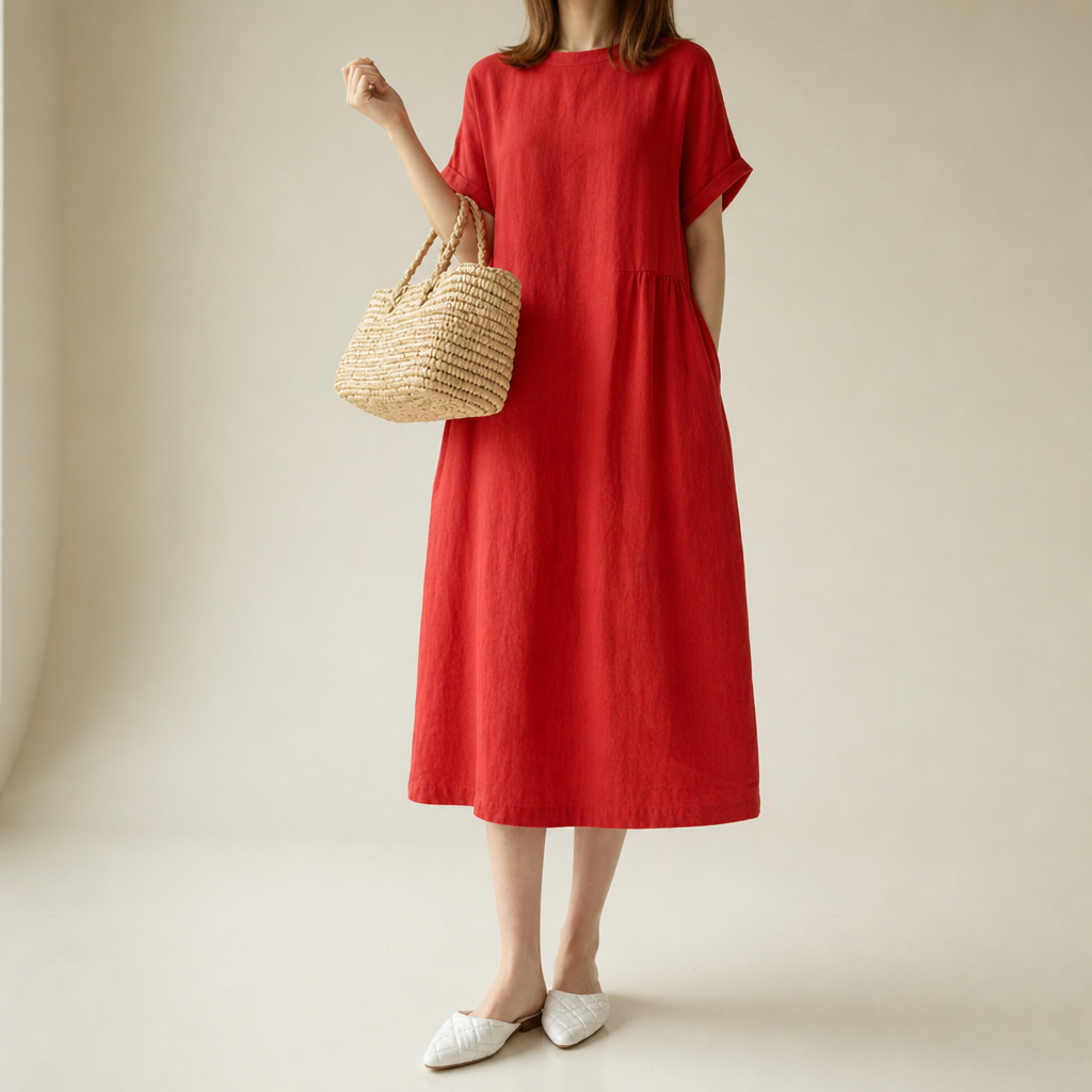 Kalymnos Loose Linen Midi Dress in Red