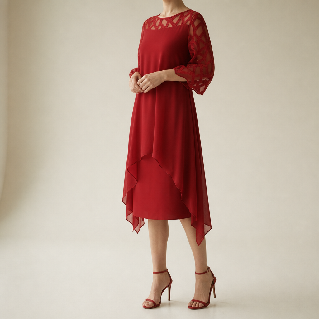 Olhao Lace Overlay Chiffon Dress in Red