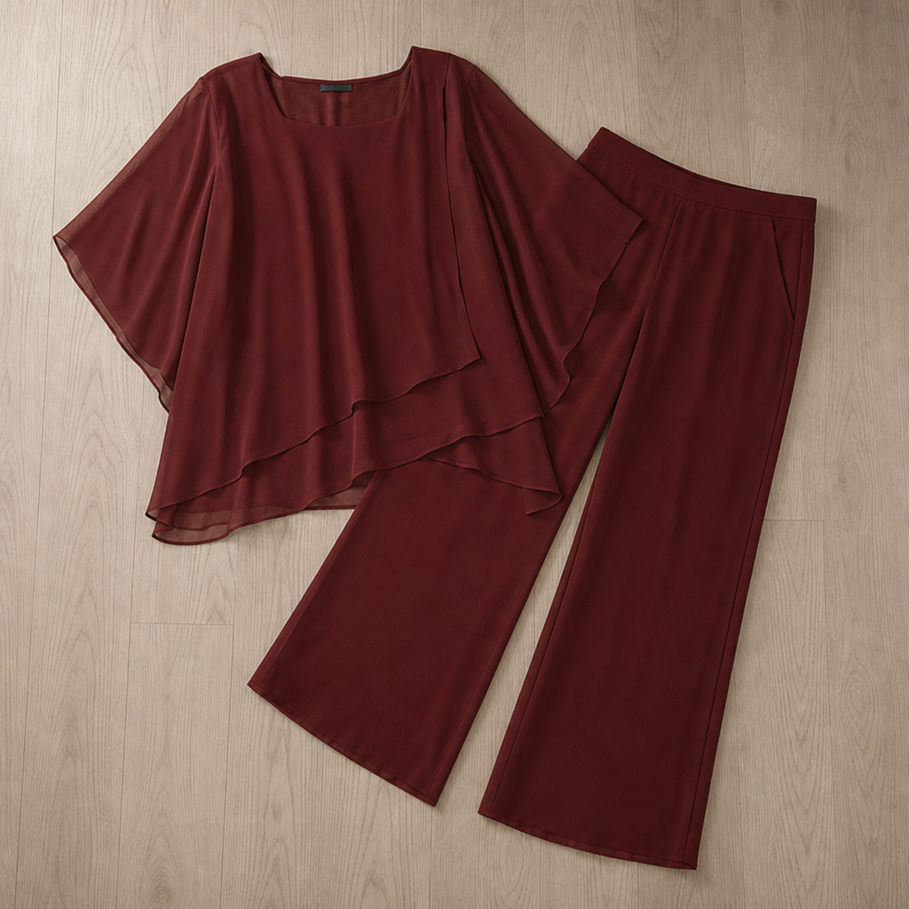 Obidos Layered Chiffon Pants Set in Red