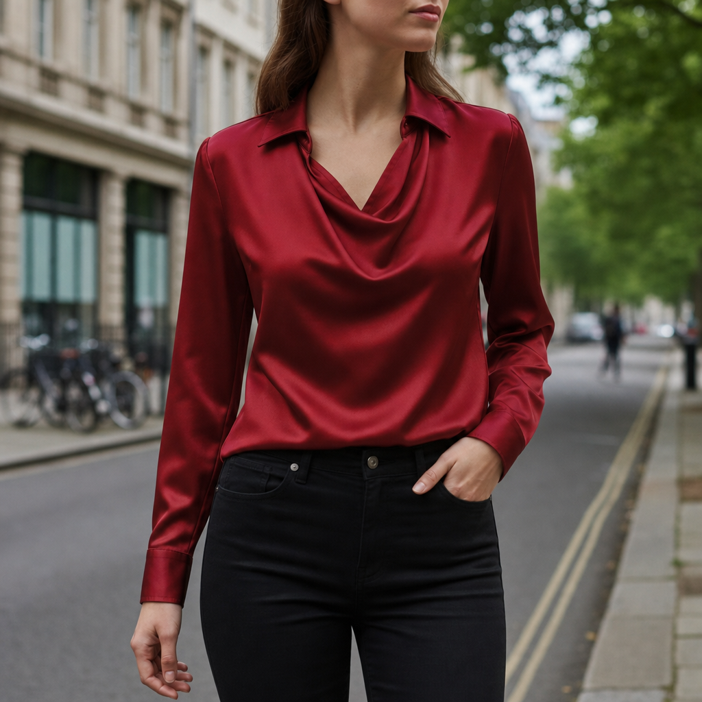 Getaria Satin Cowl Neck Blouse in Red