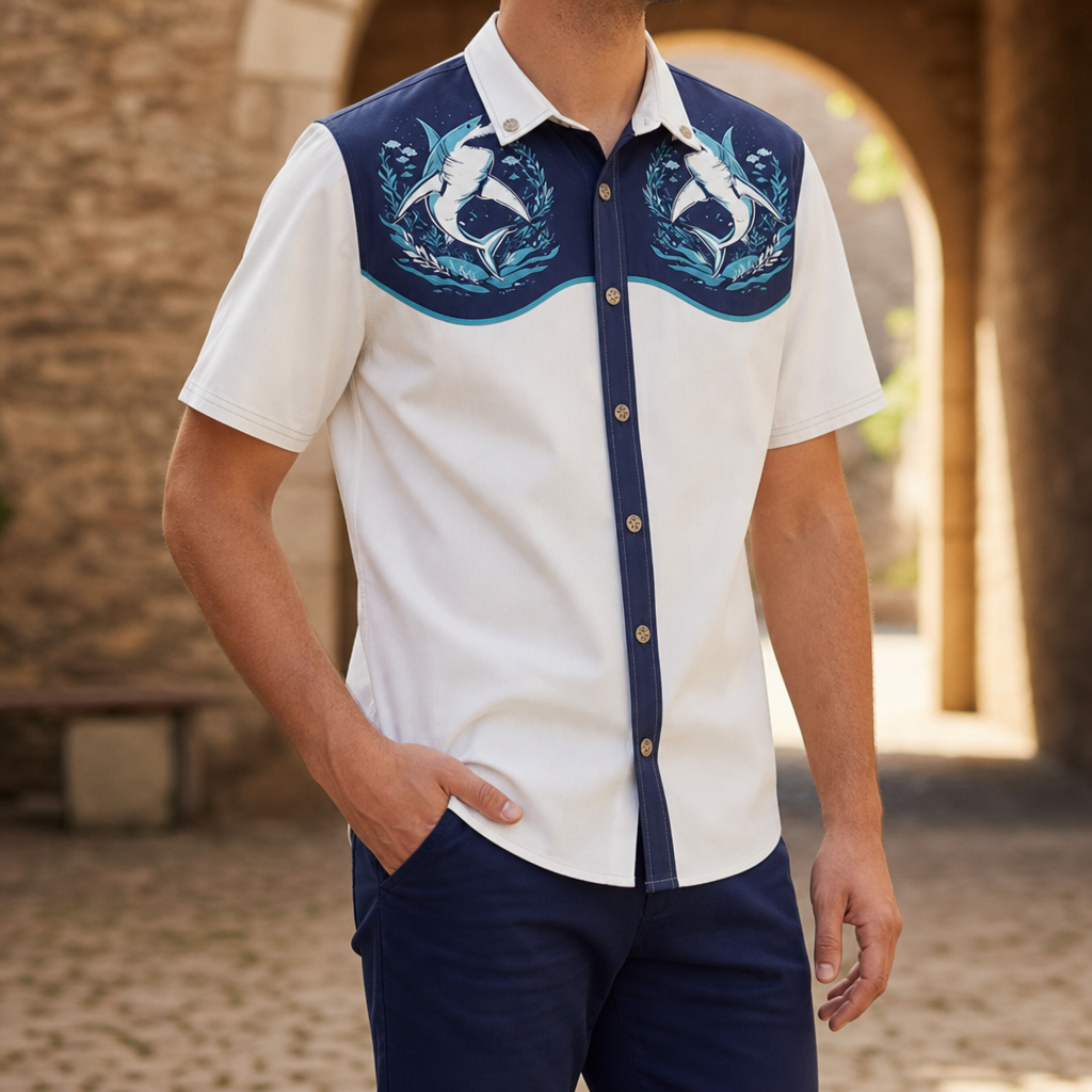 Seville Floral Western Shirt in White And Navy Blue