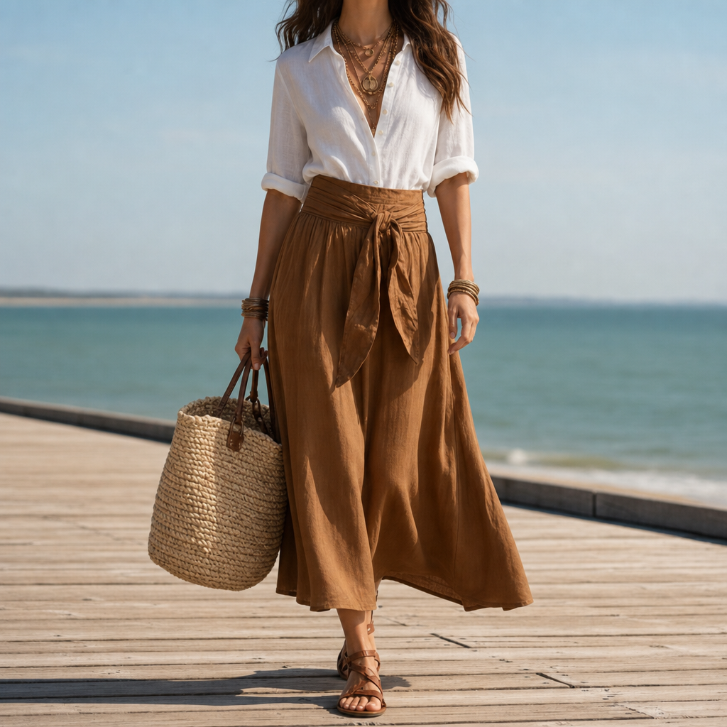 Beaulieu Linen Shirt Skirt Set in White Brown