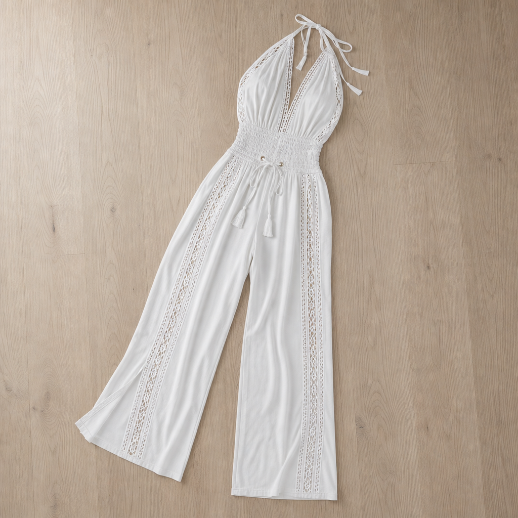 Sitia Lace Panel Halter Jumpsuit in White