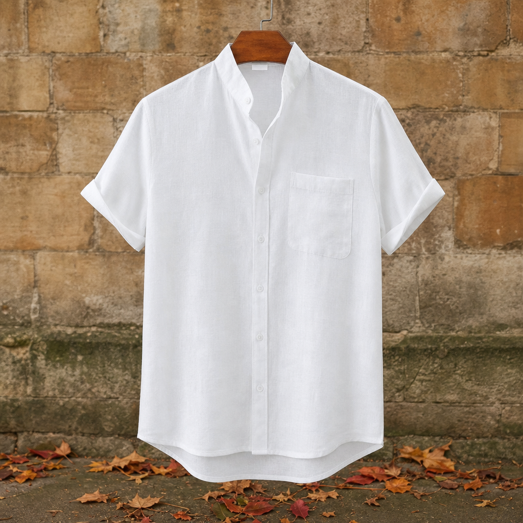 Ierapetra Stand Collar Linen Shirt in White