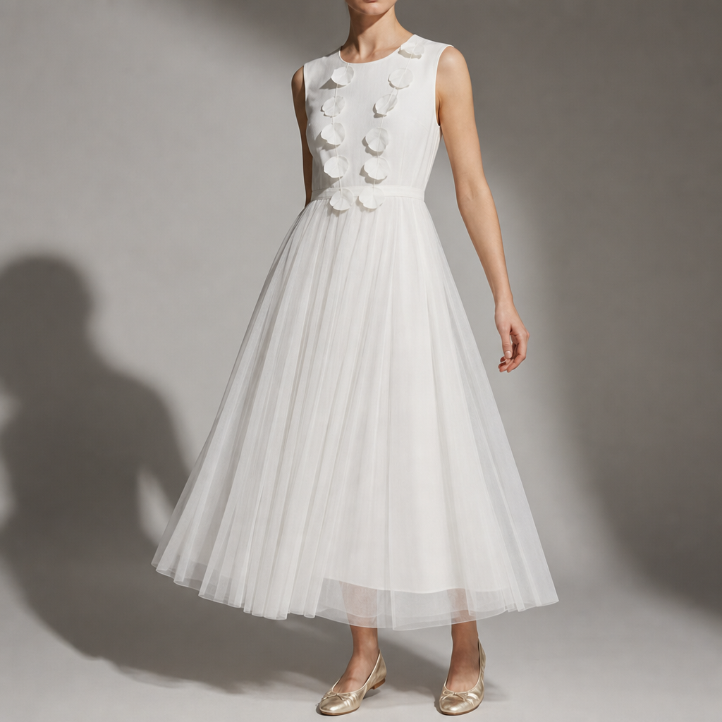 Ios Layered Tulle Midi Dress in White