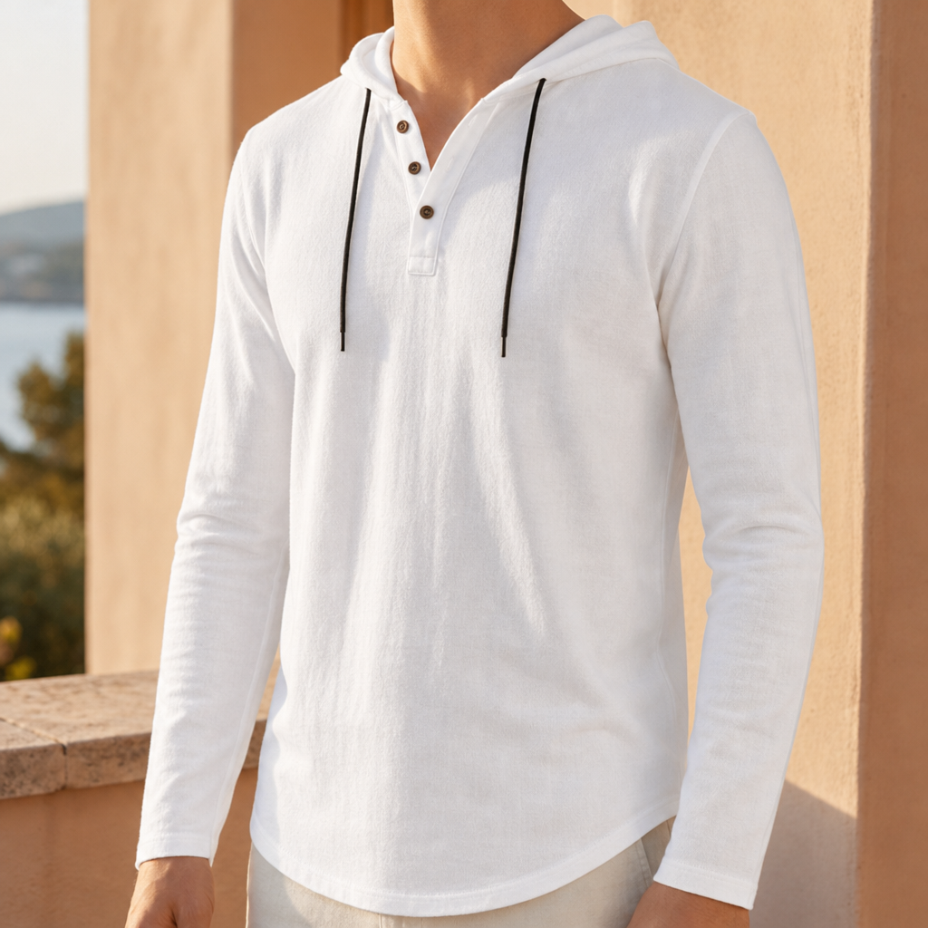 Montepulciano Linen Henley Hoodie Shirt in White