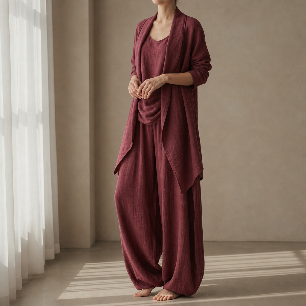 Montalcino Linen Three-Piece Set in Wine Red